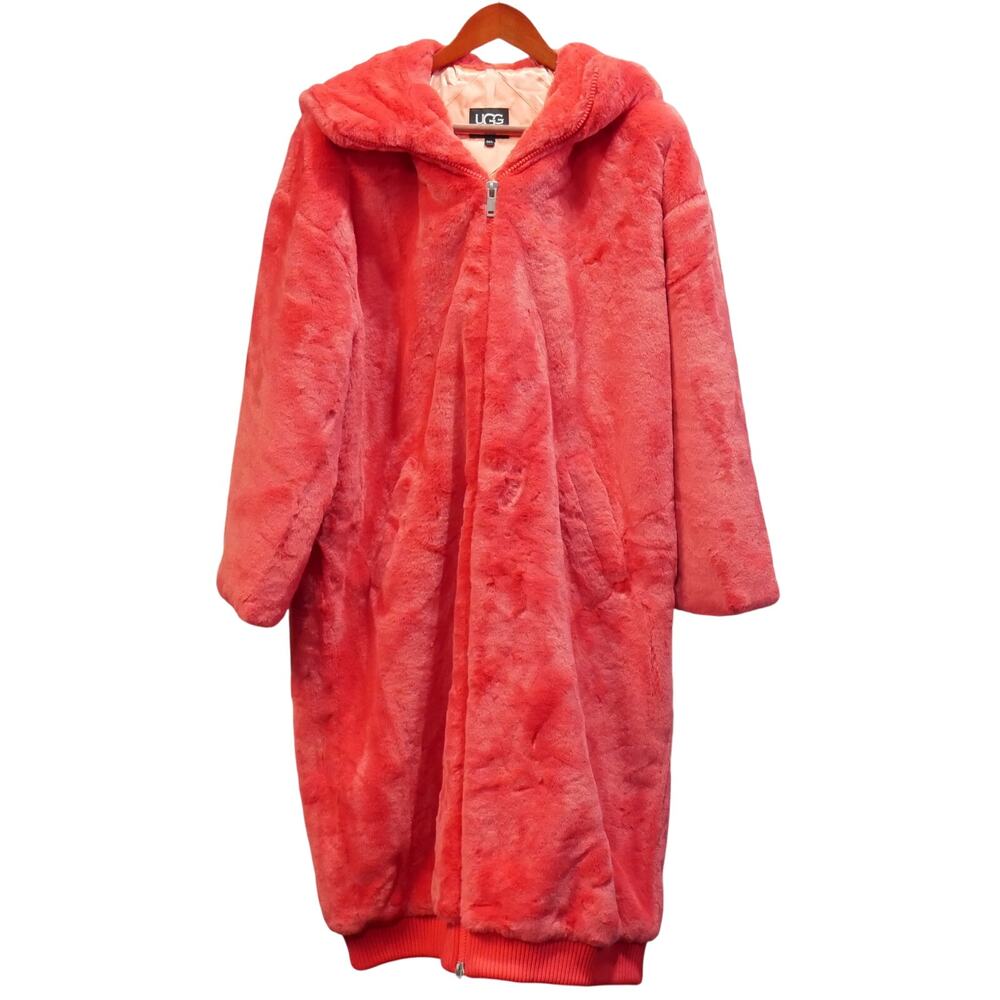 New UGG Womans KOKO Oversized Faux Fur Hooded Coat Ignite Red Size M/L MSRP $398